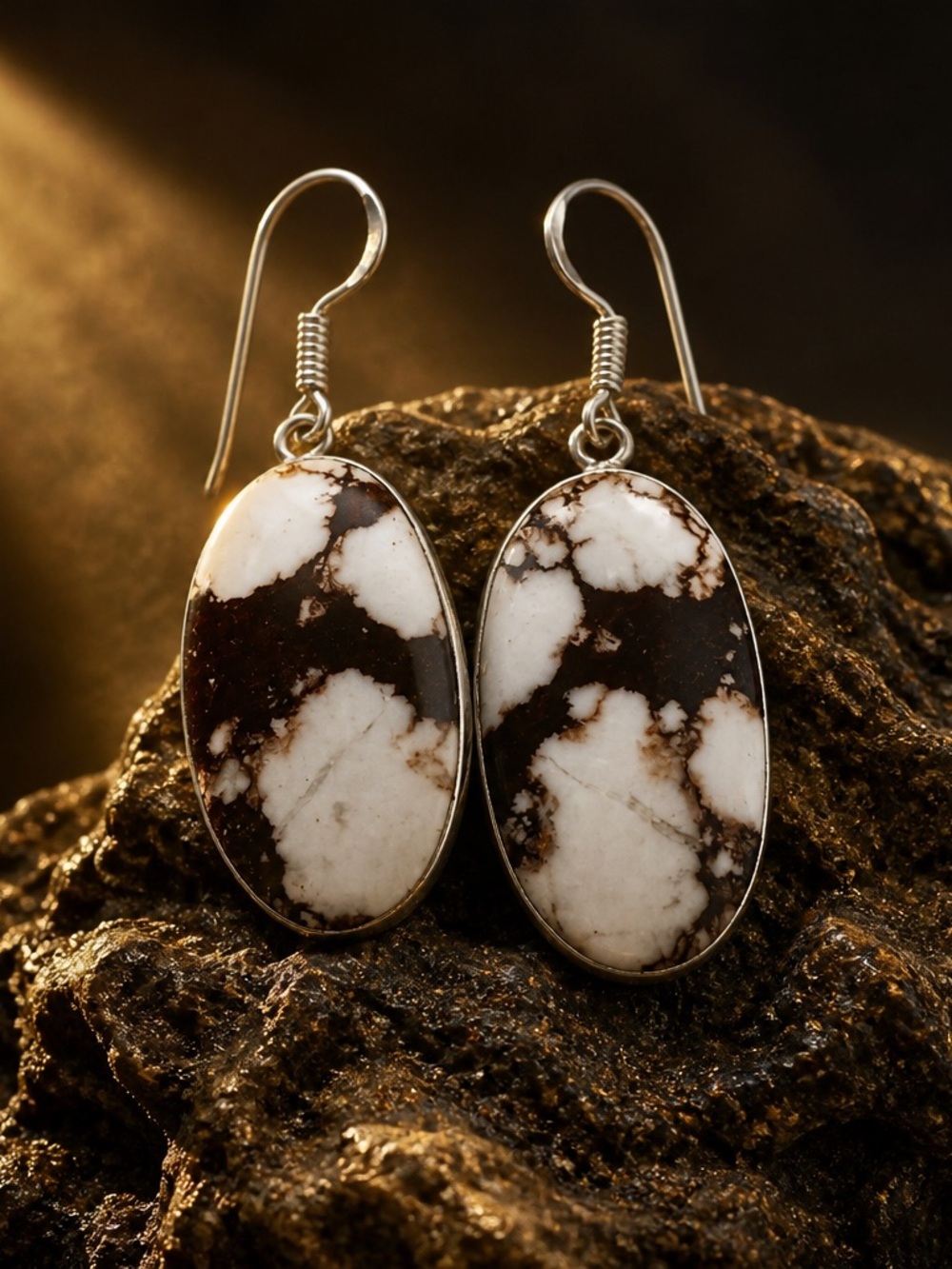 Artisan White Horse Jasper sterling silver  Oval Stone Drop Earrings (94)